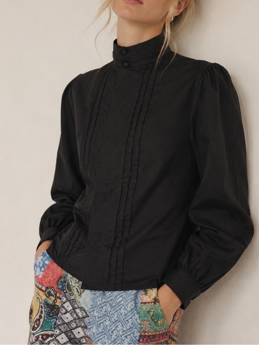 Vtg Cindy Collins Black Victorian Secretary Tuxedo Puff Sleeve Button Blouse
